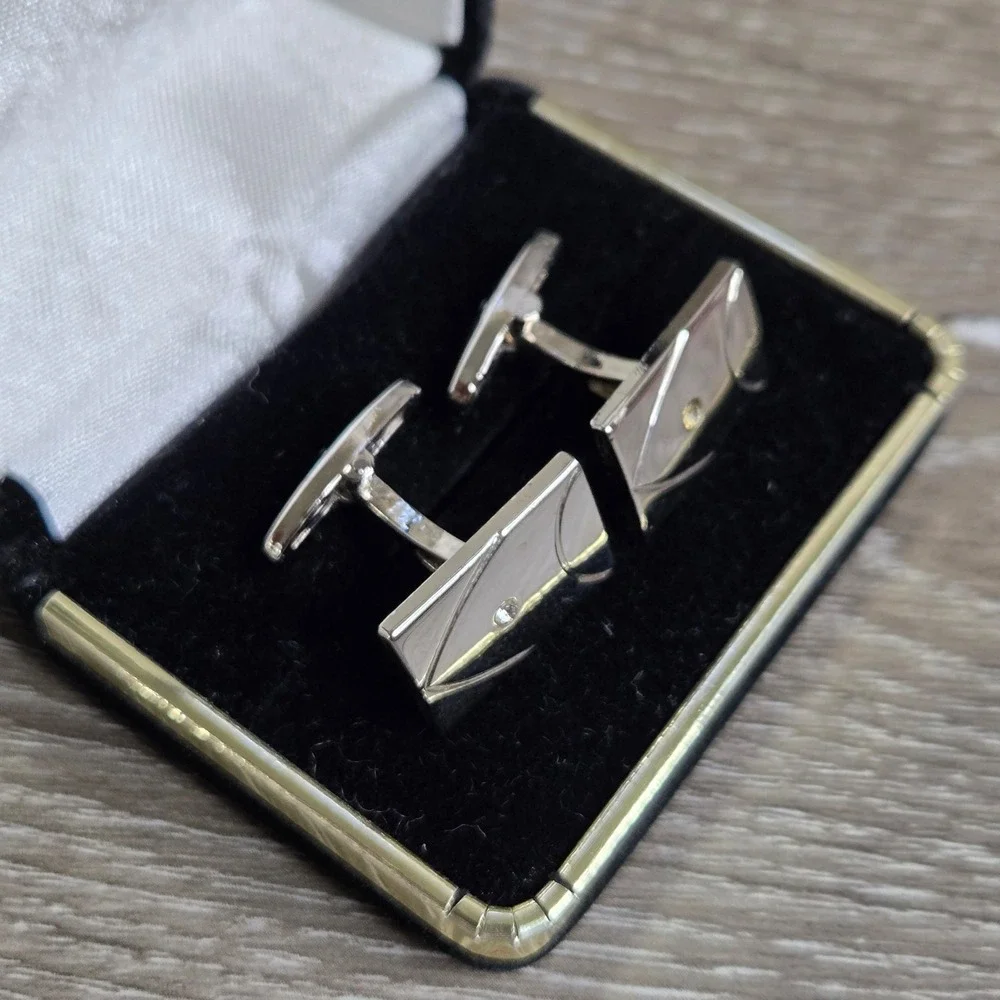 Vintage Men's Silver Tone Fish Motif Rectangular Cufflinks Bullet Back Jesus